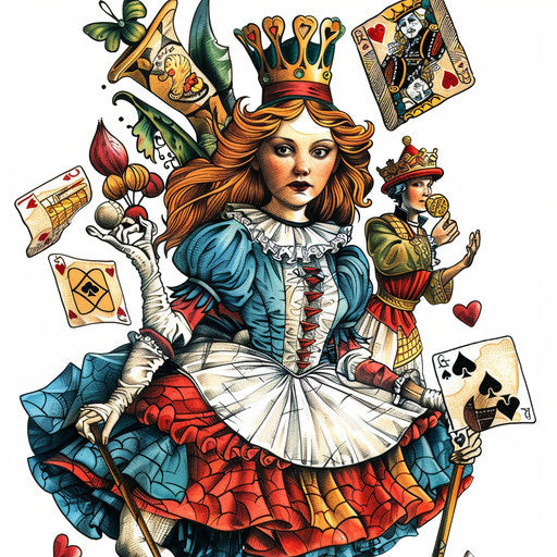 Vibrant tattoo design of Alice at the croquet game with the Queen of Hearts, on a pure white background