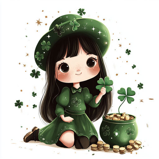 Adorable girl in green with clovers and peace signs