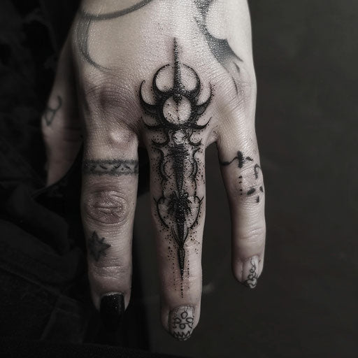 Finger tattoos for women in the style of Gerald Brom with gothic, mystical symbols