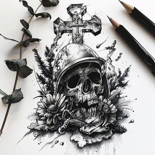 Navy tattoo sketch depicting a sailor's grave with a cross and helmet, in somber black and grey on white background.