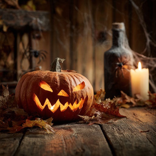 Eerie Jack-O'-Lantern Surrounded by Autumn Leaves