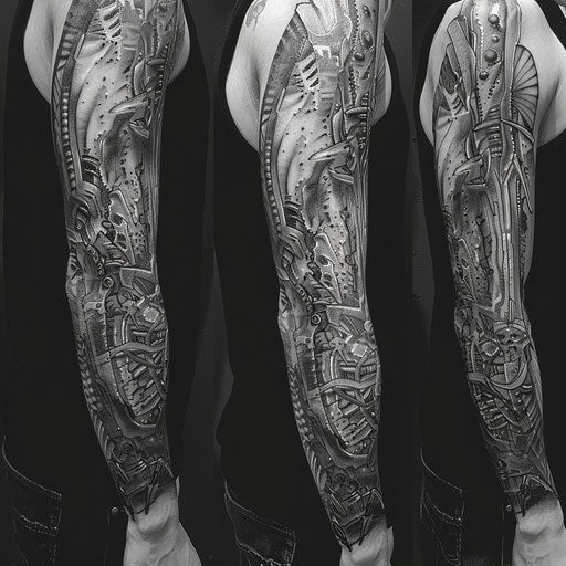 Sleeve tattoo with intricate biomechanical designs