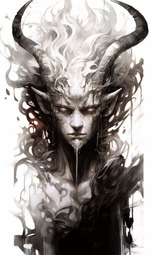 Black and white drawing of the demon, realism with fantasy elements