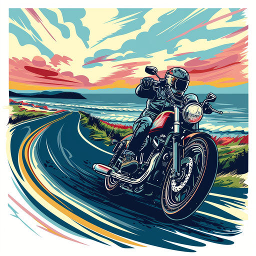 Dynamic flat tattoo sketch of a motorcycle on a coastal road