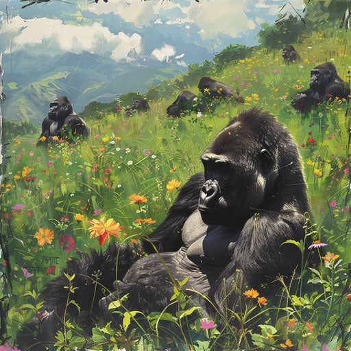 Gorillas in a serene meadow, surrounded by wildflowers