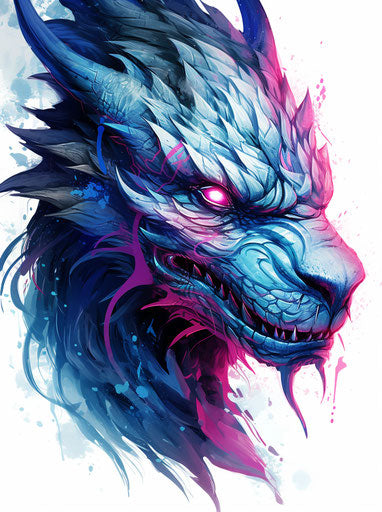 Dragon tattoo in black, blue and pink, vibrant style