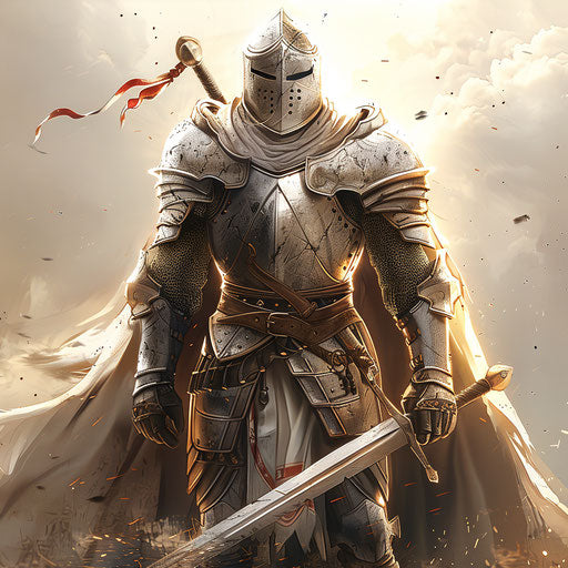 Knight in photo realistic style with a flat random background