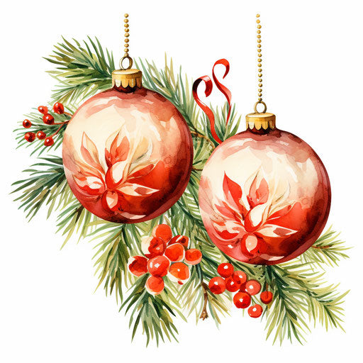 Christmas decorations clipart in the style of oil painting, on a white background