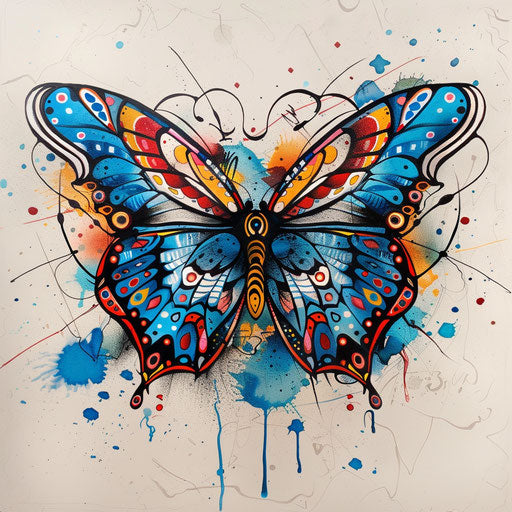 Artistic sketch of a blue butterfly with abstract patterns