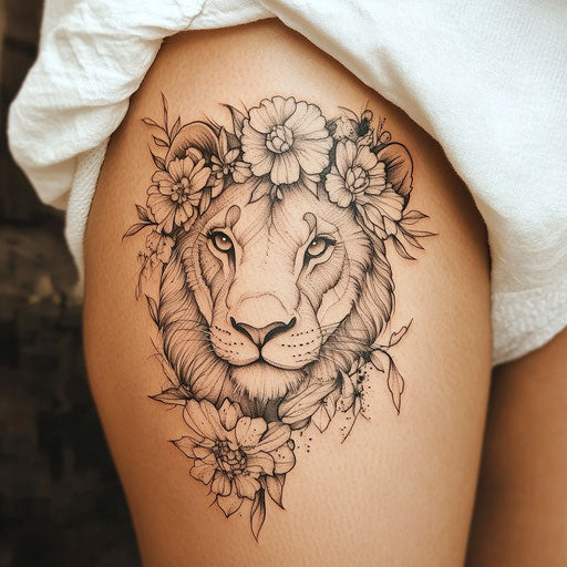 Beautiful flat clipart style inner thigh tattoo sketch of lioness with flower crown on pure white background