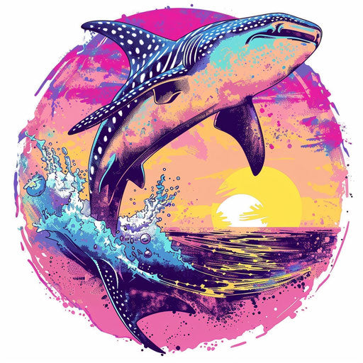 Dynamic tattoo sketch of a whale shark jumping out of water with vivid sunset colors
