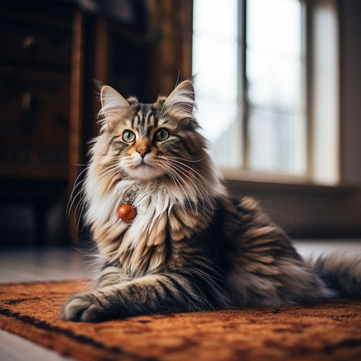 Norwegian forest cat resting on a carpet