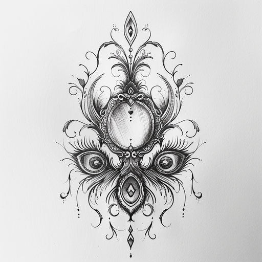 Stylish flat sketch of a sigil for beauty, adorned with elegant mirror and peacock feathers