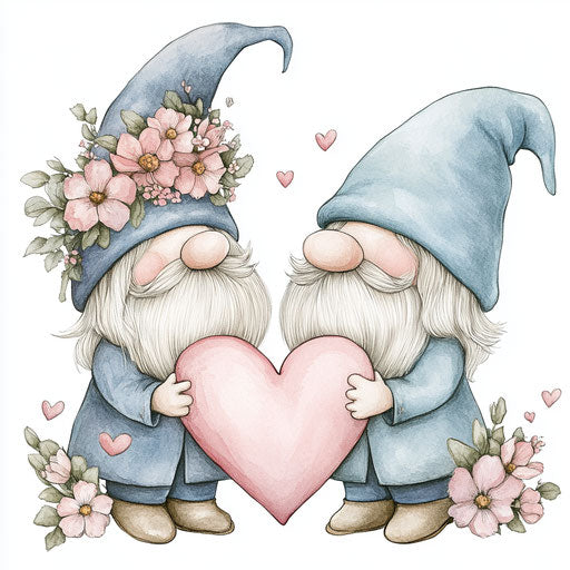 Valentine's Day gnomes with flower hats, lovers holding a pink heart