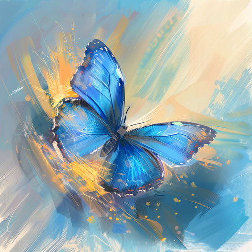 Dynamic flat tattoo sketch of a blue butterfly in flight with motion blur and airbrush effects