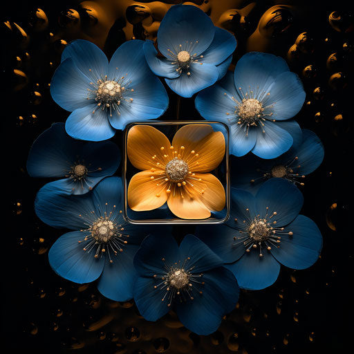 Three blue flowers in a square icon, in the style of angenieux 45-90mm f/2.8, blue and amber