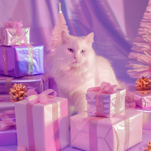 A white cat behind pink and purple Christmas gifts