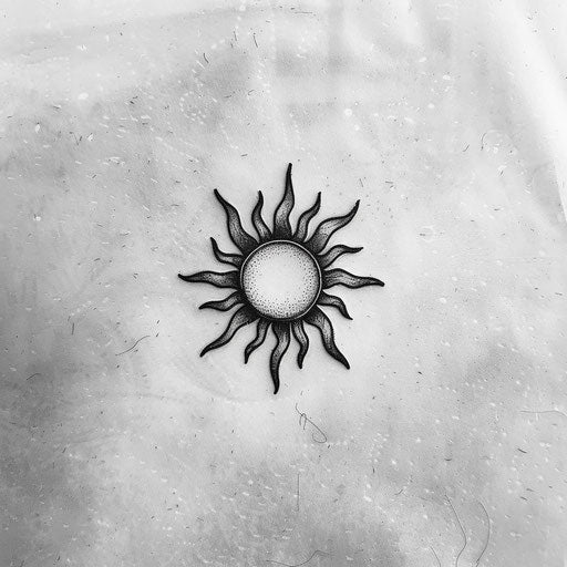 Flat tattoo sketch of a rising sun with minimalist black and grey shading