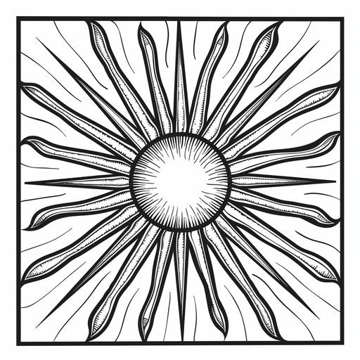 Simple sun with bold, easy-to-color rays. Coloring book page