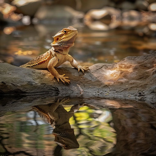 Bearded dragon resting by a tranquil stream