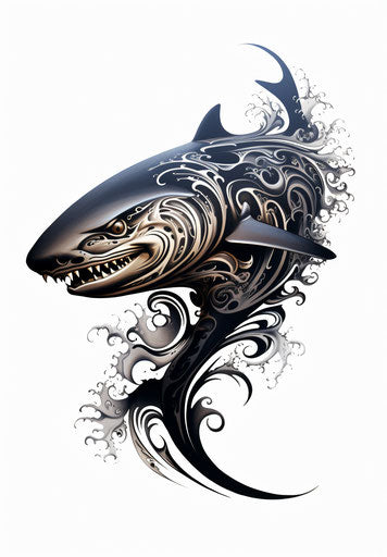 Black shark tattoo illustration, Maori art style, energetic