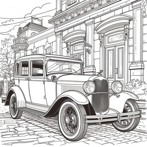 Classic vintage car on city street. Coloring book page