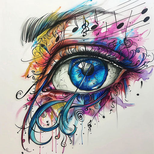 Inspired tattoo sketch of an eyeball with musical notes, symbolizing vision and creativity in a vibrant clipart style