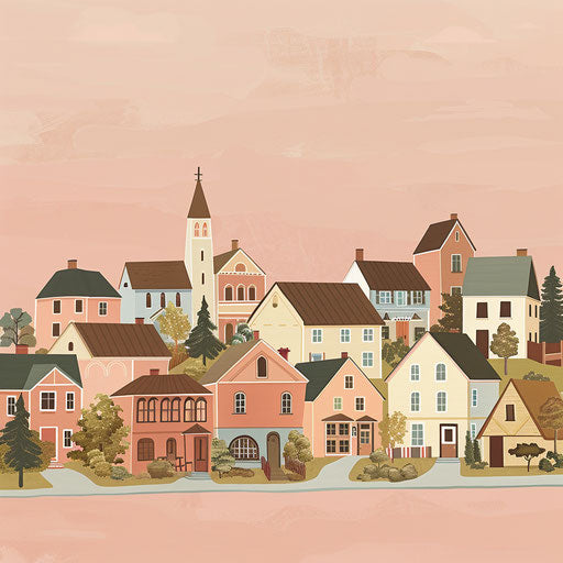 Realistic town clipart on flat dusky rose background
