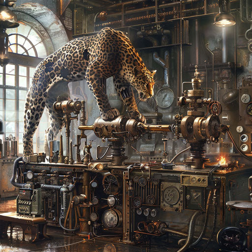 Steampunk laboratory with mechanical leopard invention