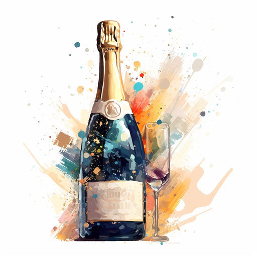 Champagne bottle in Impressionistic Art style on white background