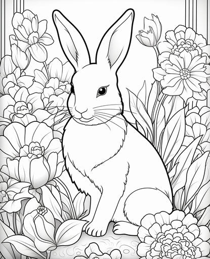 Coloring page with a bunny and flowers in the style of birds & flowers