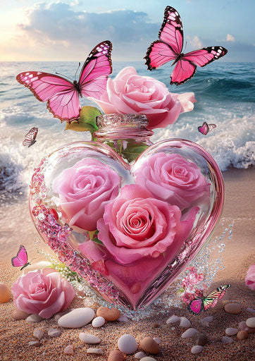 3D diamond painting, heart-shaped glass bottle with pink roses and butterflies on beach background