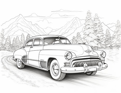 Vintage car coloring page, in the style of creased nostalgia