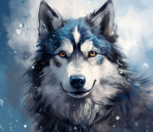 Husky dog in the snow with blue eyes