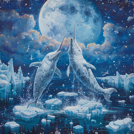 Narwhals in a courtship dance, surrounded by floating ice sculptures