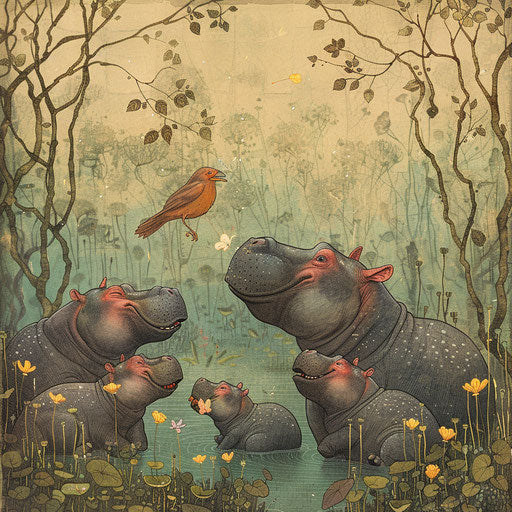 Whimsical sight: hippos gather to listen to a bird's song