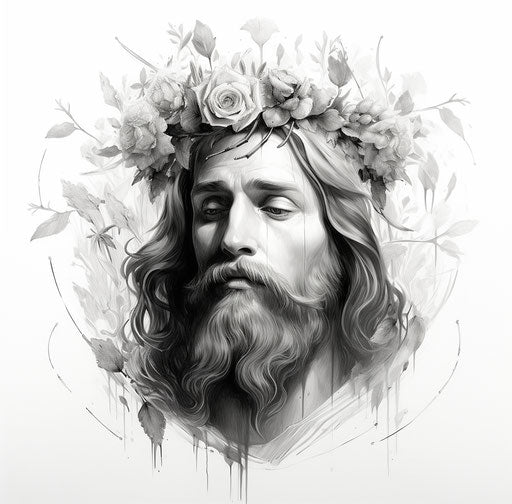 Face surrounded by roses, black & white, detailed