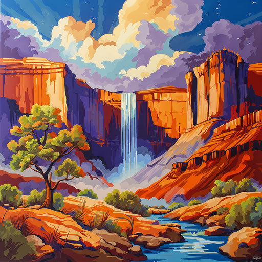Waterfall in a stylized desert with bold colors