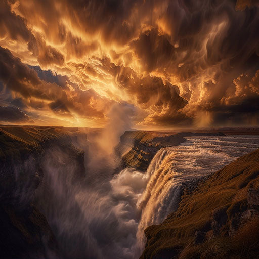 Gullfoss Falls, Iceland, thunderstorm with dramatic clouds