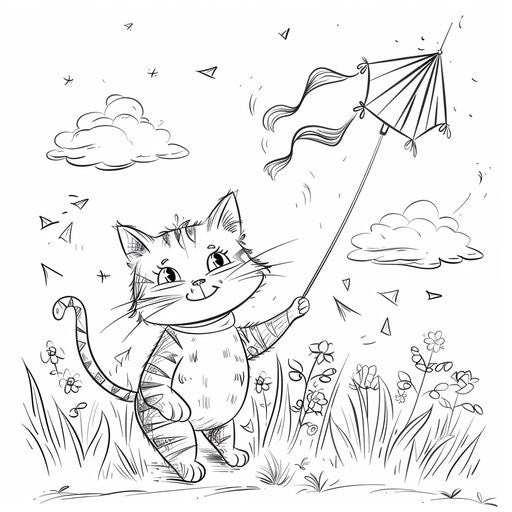 Kitten flying a kite on a windy day