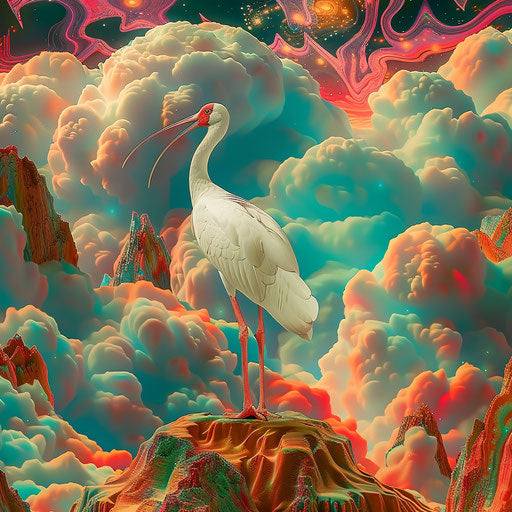 Ibis bird in a surreal landscape with vivid colors