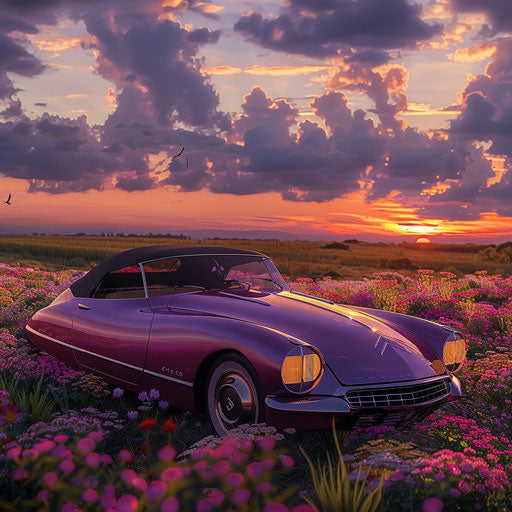 Modern roadster next to a flower field at sunset