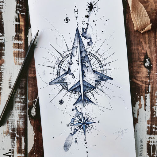Adventurous tattoo sketch of a paper airplane with compass and globe in navy blue