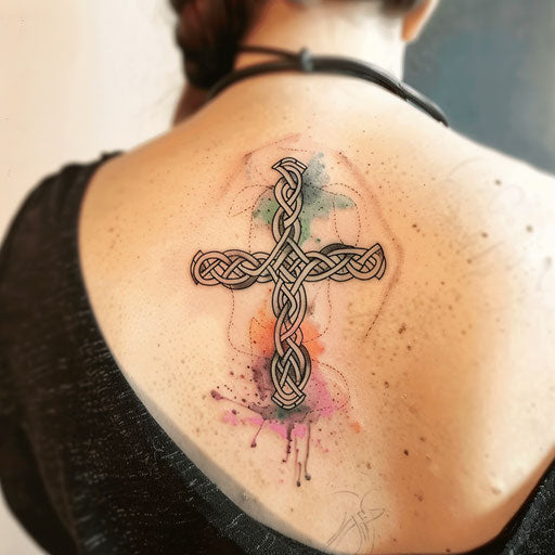 Watercolor style Celtic cross tattoo