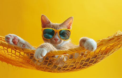 a cat wearing sunglasses in a hammock on a yellow background