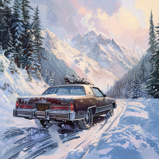Winter scene with Cadillac equipped with snow chains