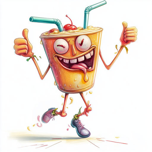 Humorous caricature of a drinks caricature clipart with human characteristics, exaggerated wide mouth, thin legs, running, vibrant colors, cartoon style, thumbs down, high-resolution, no background, isolated