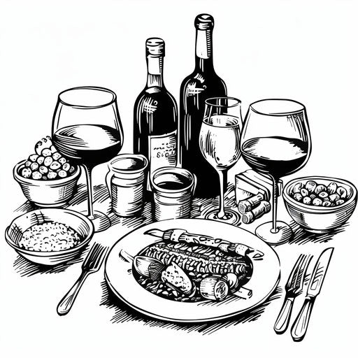 Sophisticated black and white clipart of elegant dinner potluck