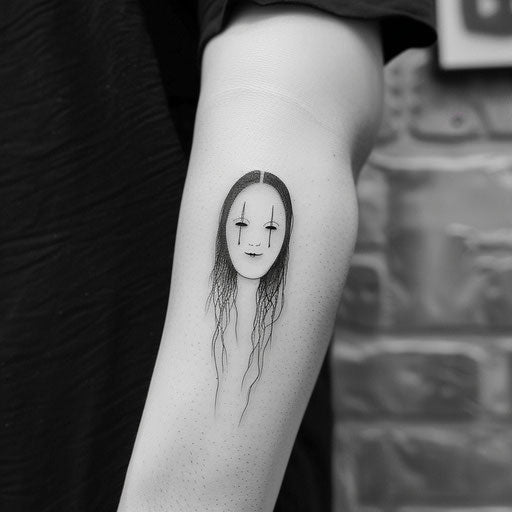 Minimalist flat tattoo sketch of No-Face with a delicate single line silhouette