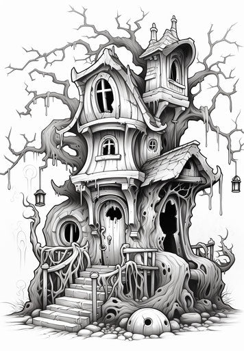 Halloween house coloring page with black and white image